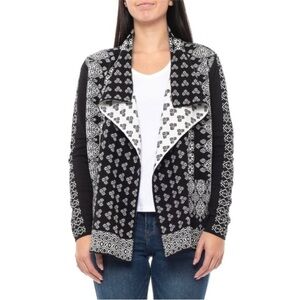 Black and White Patterned Open-Front Women’s Cardigan Sweater